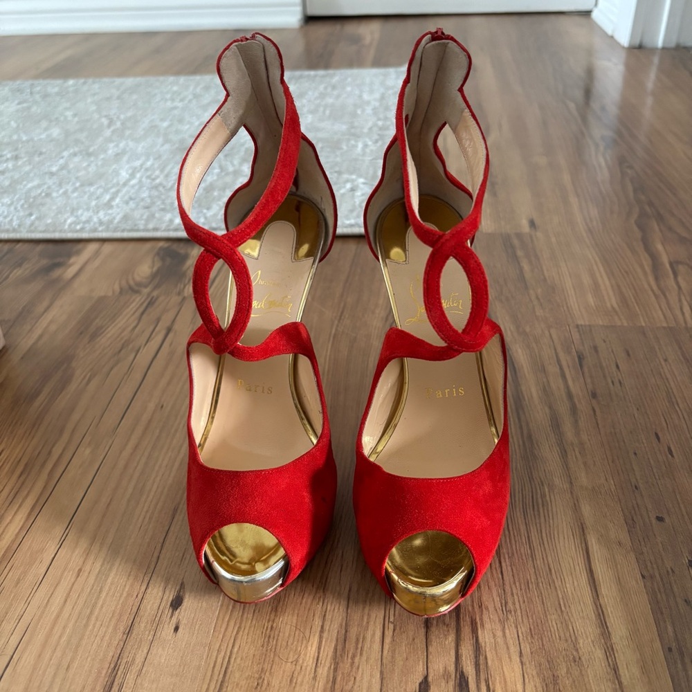 Christian Louboutin ROSIE 120 Suede Platform Pumps Heels Sandals Shoes Red 36.5 - Picture 1 of 8
